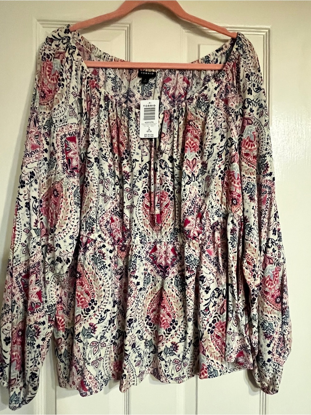 torrid Cream Peasant Tunic with Pink & Navy Paisley